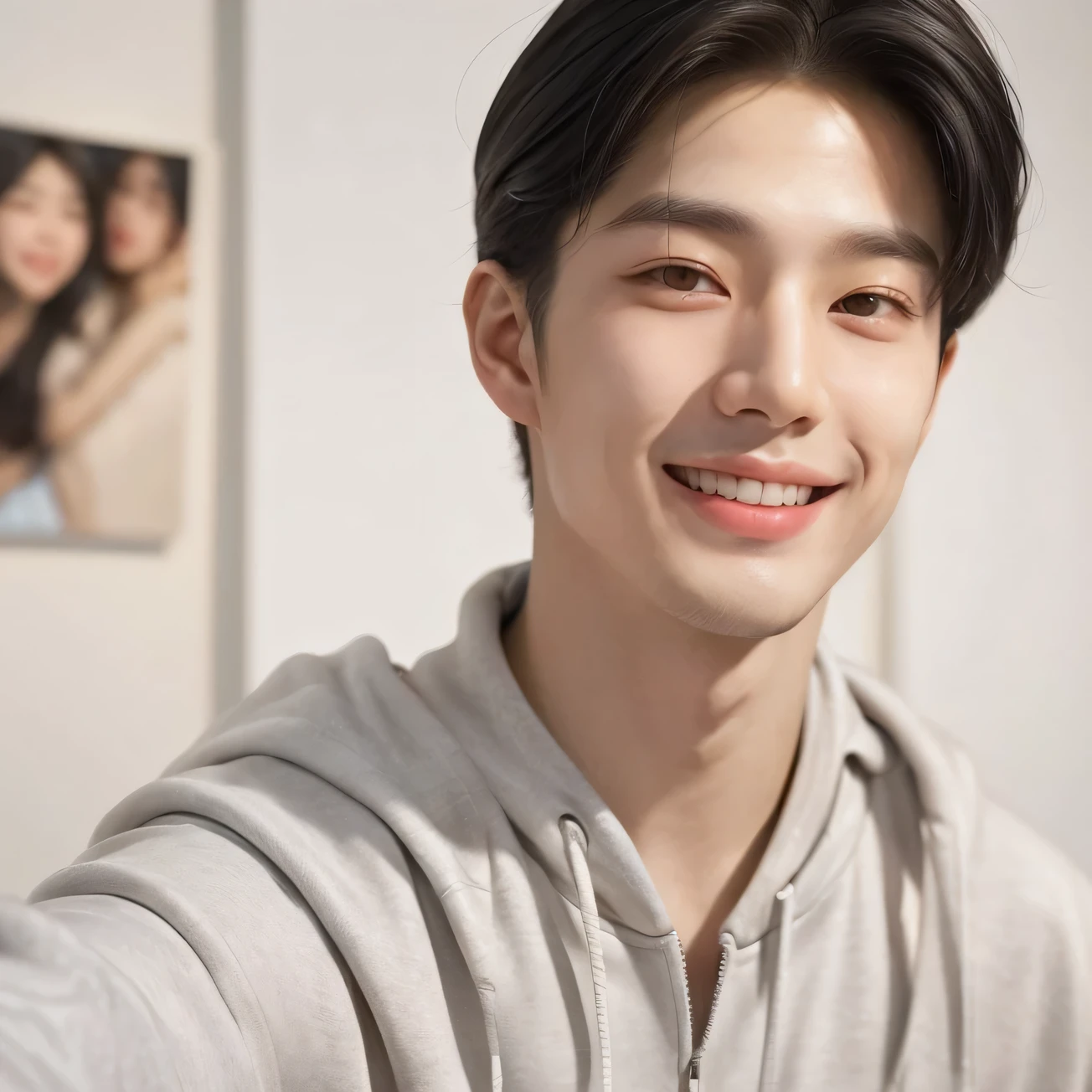 a selfie photo type of a handsome and young korean man, pale and soft skin, black hair and black eyes, long eyelashes, narrow double eyelids, high and long nose, behind a art gallery, dressing casual clothes, slightly muscular body, pov, looking straight at the camera, big and cute smile to the viewer, 4k,