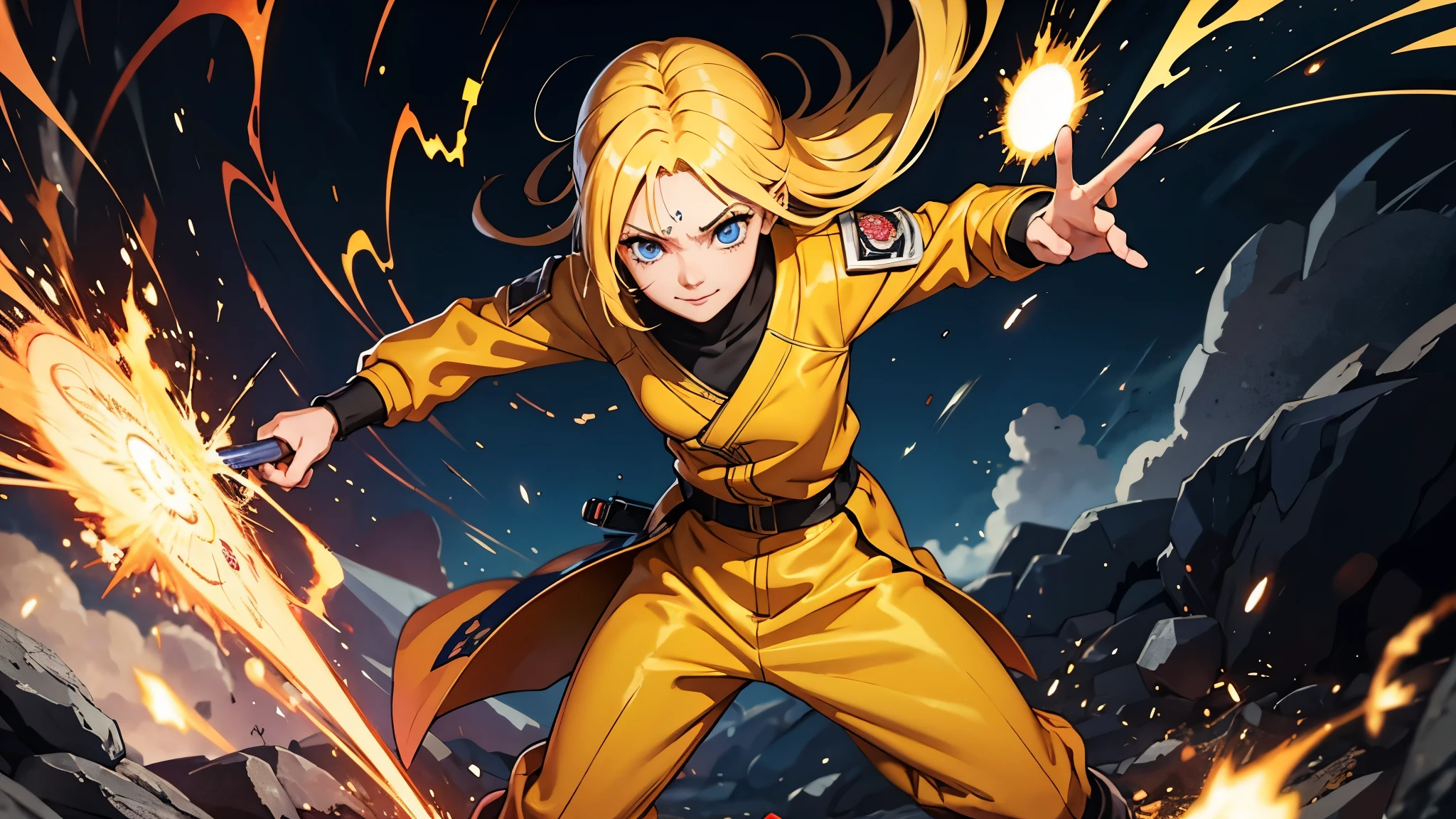 ssmile, bloodstains_Skelter, glare eyes, ung boy, uzumaki naruto, hair blonde, yellow outfit, fighting, fighting, Battle Damage, standing alone, torn garments, direct gaze, very detailled, アニメ, High definition, work of art, drawning, 8K, proffesional, Symmetrical, (detailedeyes, iris of the eyes:0.5), (looking at the camera:0.8), blue colored eyes, yellow hair, sparks, lightning strikes