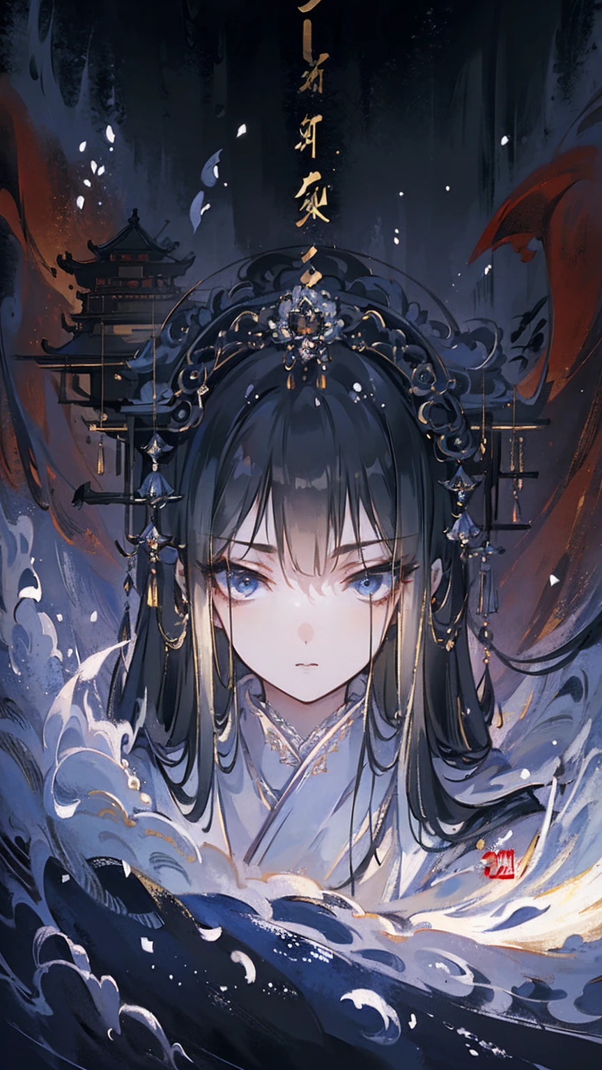 (extremely detailed 8K wallpaper),(ultra-detailed),(best quality),(masterpiece),(highly detailed),(cinematic lighting),(Original),Cold ligh,moody,32K Depth of Field,((headshot)),(Chinese elaborate-style painting),1girl,solo,Very long hair,A cold expression,White Robe
