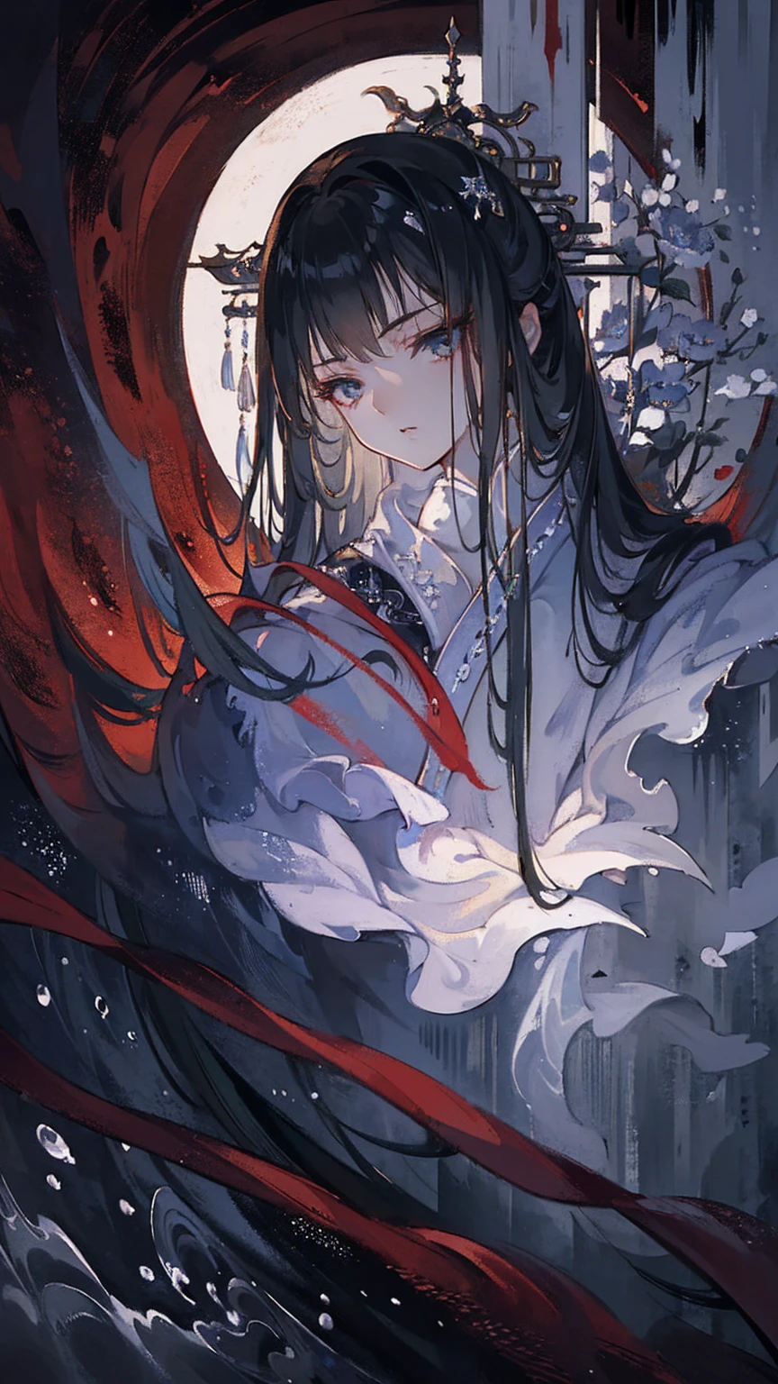 (extremely detailed 8K wallpaper),(ultra-detailed),(best quality),(masterpiece),(highly detailed),(cinematic lighting),(Original),Cold ligh,moody,32K Depth of Field,((headshot)),(Chinese elaborate-style painting),1girl,solo,Very long hair,A cold expression,White Robe
