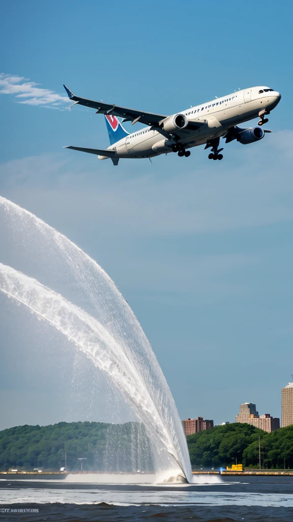 Commercial airplane making an emergency landing on the Hudson River, water splashing around as it touches down.