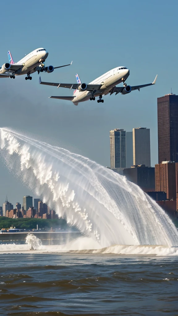 Commercial airplane making an emergency landing on the Hudson River, water splashing around as it touches down.