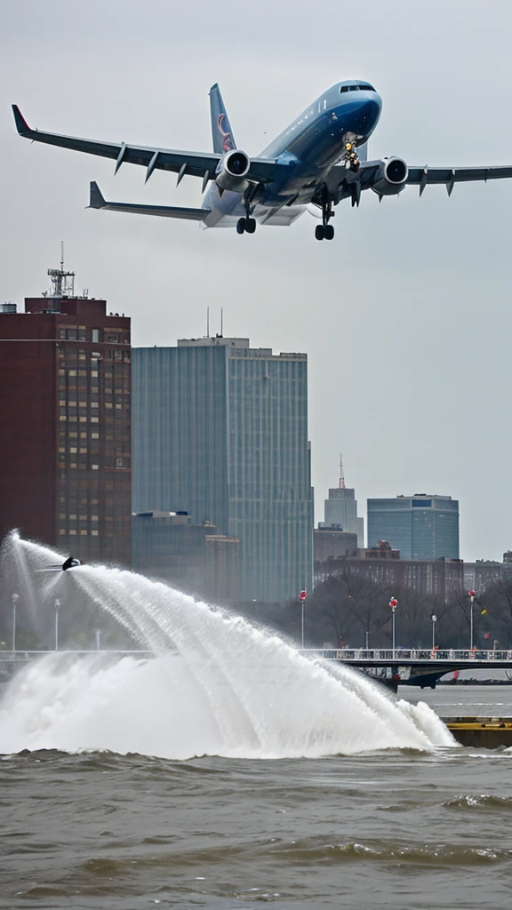 Commercial airplane making an emergency landing on the Hudson River, water splashing around as it touches down.