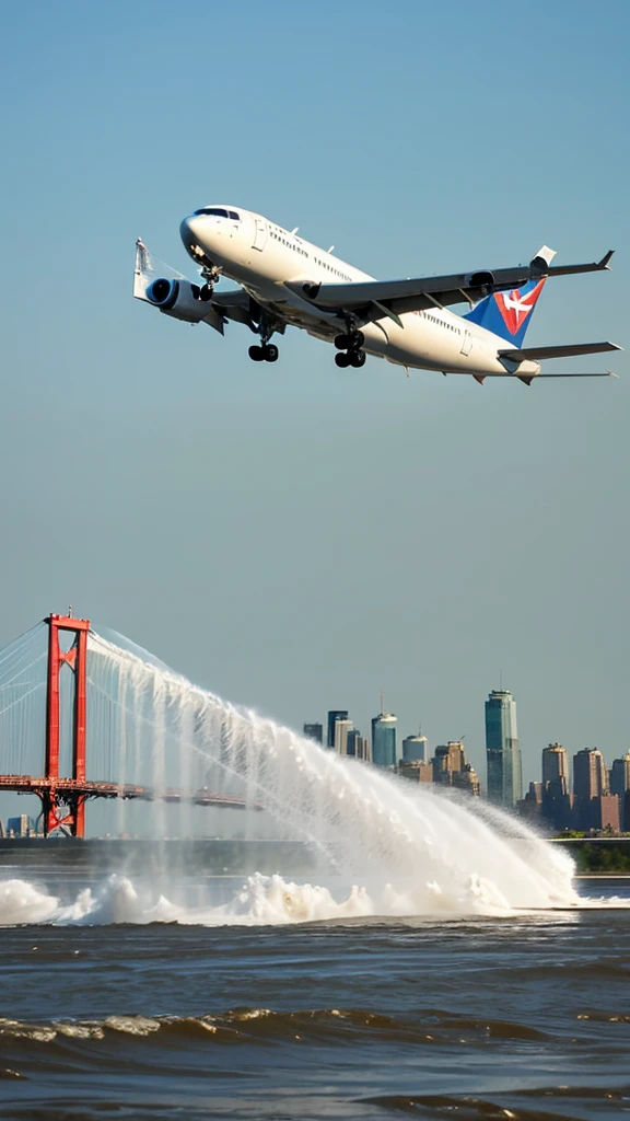 Commercial airplane making an emergency landing on the Hudson River, water splashing around as it touches down.
