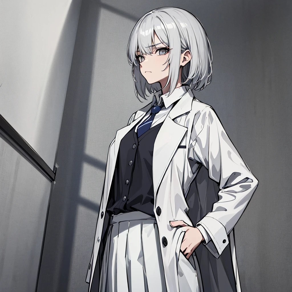 (absurdres, 8k, 4k, masterpiece, hyper extreme detailed:1.2), solo, 1girl, side view, perfect face, 1girl, portrait, looking at viewer, solo, standing, Female, Mature Female, short hair, white hair, white skirt, button shirt, white vest, gray tie, tired, fatigue, annoyed, dissatisfied, arms in front, holding phone in right hand, left hand on hip, bored, science, smart, genius, intelligent, scientist, lab_coat, white labcoat, swept bangs, bored, frown, gray eyes, silver eyes, looking down, lab background, room background, best anatomy, standing, half body,
