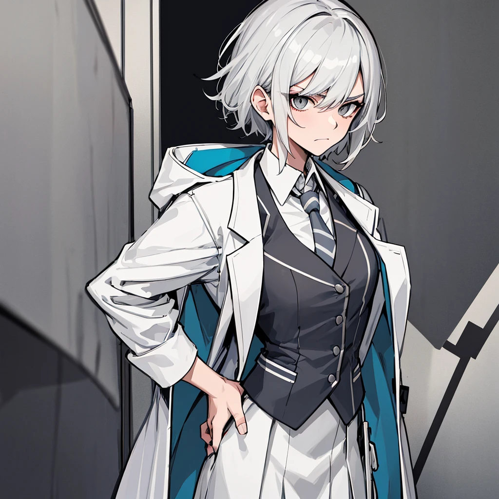 (absurdres, 8k, 4k, masterpiece, hyper extreme detailed:1.2), solo, 1girl, side view, perfect face, 1girl, portrait, looking at viewer, solo, standing, Female, Mature Female, short hair, white hair, white skirt, button shirt, white vest, gray tie, tired, fatigue, annoyed, dissatisfied, arms in front, holding phone in right hand, left hand on hip, bored, science, smart, genius, intelligent, scientist, lab_coat, white labcoat, swept bangs, bored, frown, gray eyes, silver eyes, looking down, lab background, room background, best anatomy, standing, half body,