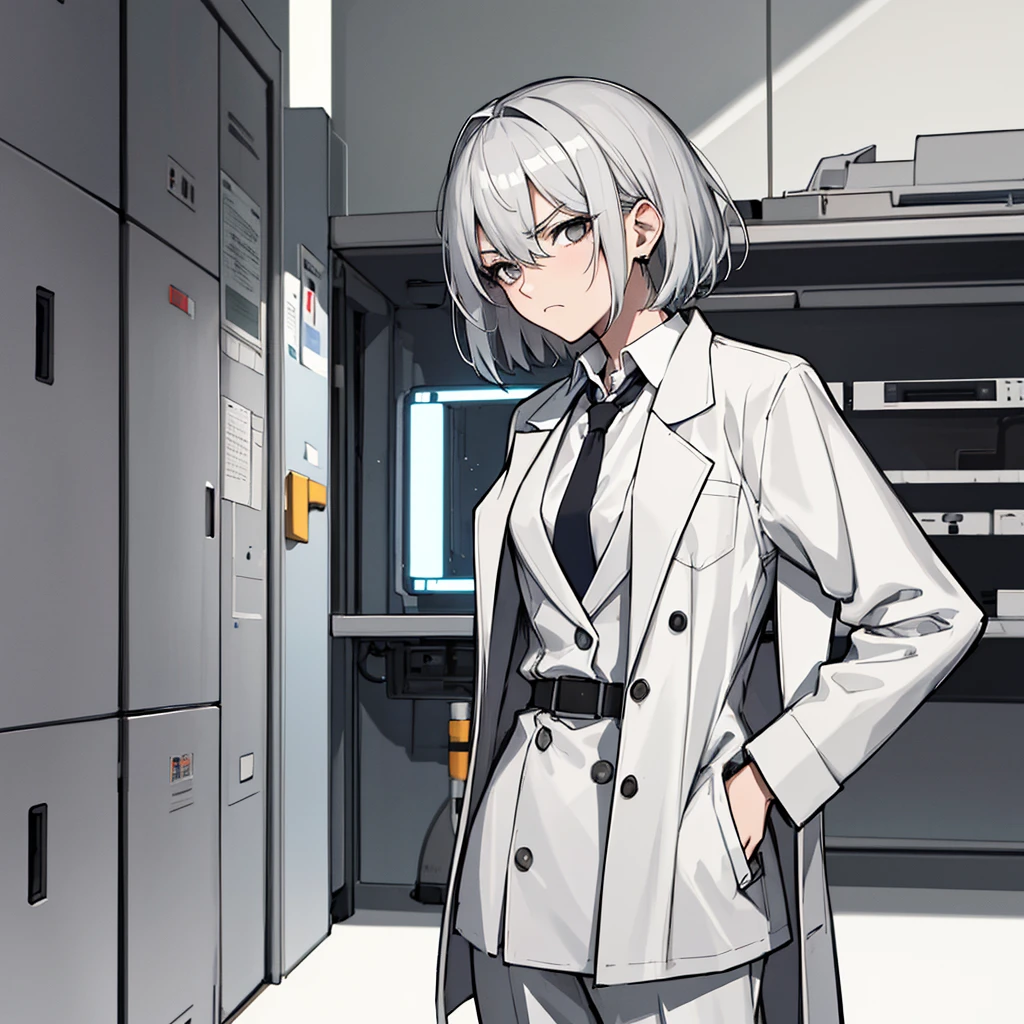 (absurdres, 8k, 4k, masterpiece, hyper extreme detailed:1.2), solo, 1girl, side view, perfect face, 1girl, portrait, looking at viewer, solo, standing, Female, Mature Female, short hair, white hair, white skirt, button shirt, white vest, gray tie, tired, fatigue, annoyed, dissatisfied, arms in front, holding phone in right hand, left hand on hip, bored, science, smart, genius, intelligent, scientist, lab_coat, white labcoat, swept bangs, bored, frown, gray eyes, silver eyes, looking down, lab background, room background, best anatomy, standing, half body,

