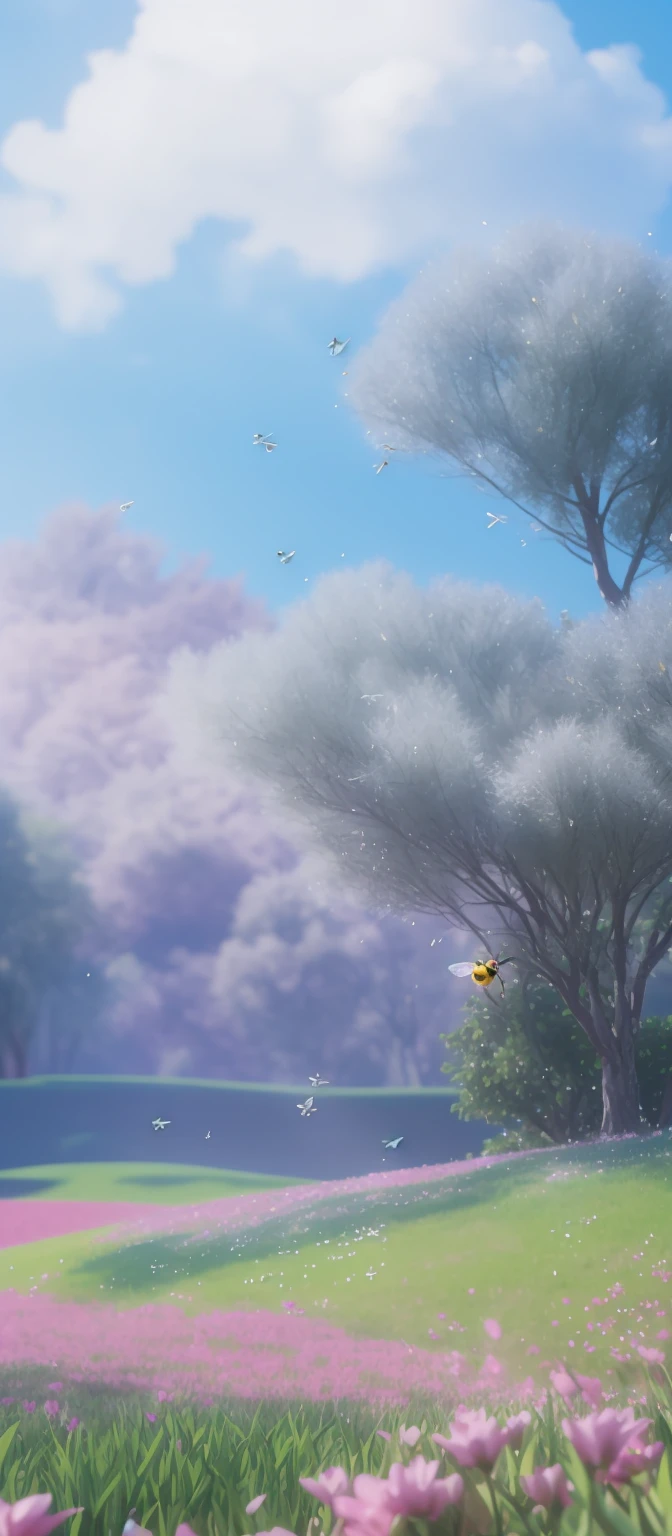 there is a bee flying over a field of flowers with a bee, a 3D render by jeonseok lee, trending on polycount, conceptual art, cute 3 d render, soft 3d render, cute! c4d, stylized as a 3d render, stylized 3d render, adorable digital painting, cute detailed digital art, 3 d bee (photo realistic:1.4), surrealism, dream-like, ((abstract art)), vector arts,) (8k, RAW photo, best quality, masterpiece:1.2, Sharp image, vector) (dynamic angle:1.1), outline, ((thick lineart)), cover, stylish, official art, (details:1.2), (fantasy), garden, (bloom:1.1), glow:0.2, shadow, nature, flower, splash water, crystal, snowflakes, particles, bokeh, anamorphic light (depth of field), sharp focus, (volumetric lighting), (bokeh:0.6), film grain:0.4, (soft lighting:1.1) | high-quality, ultra-detailed illustrations, ultra-high resolution, (high resolution,overwhelmingly pixel-perfect,luxurious illustration), (Ultra Quality, Masterpiece, Ethereal:1.4) photorealistic:.1.4, UHD (8k, RAW photo, best quality, masterpiece:1.2)