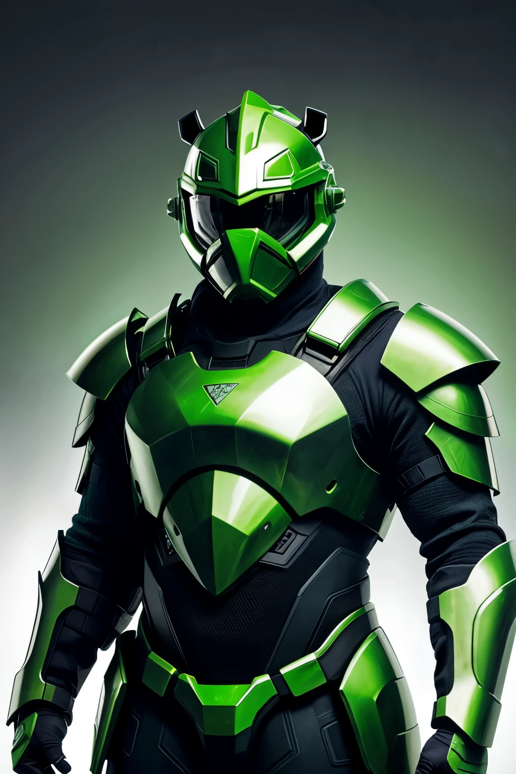 A hippopotamus with technological armor in a futuristic style in green colors, with a red sword on his back and a green mask covering his eyes and part of his head, revealing his nose and mouth