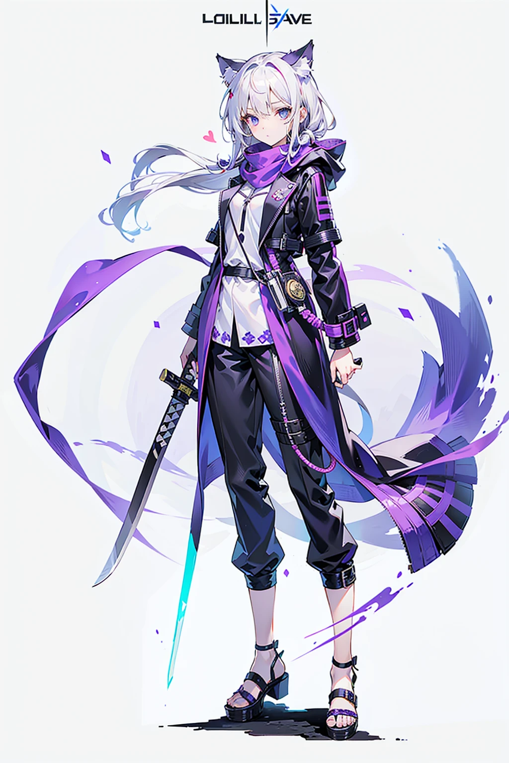 1 Girl,solo,(Loli image),(((white hair))),(The flattest),Delicate face and beautiful eyes,Fine hair,A particularly long strand of side hair),(Cat ear hood),One eye is covered by a hood,scarf,(White background 1::5),standing painting style,((Full Body Love)),(Delicate eyes),Leg strap,Purple and Black Cyberpunk Jacket,trousers,katana sword,lightning background