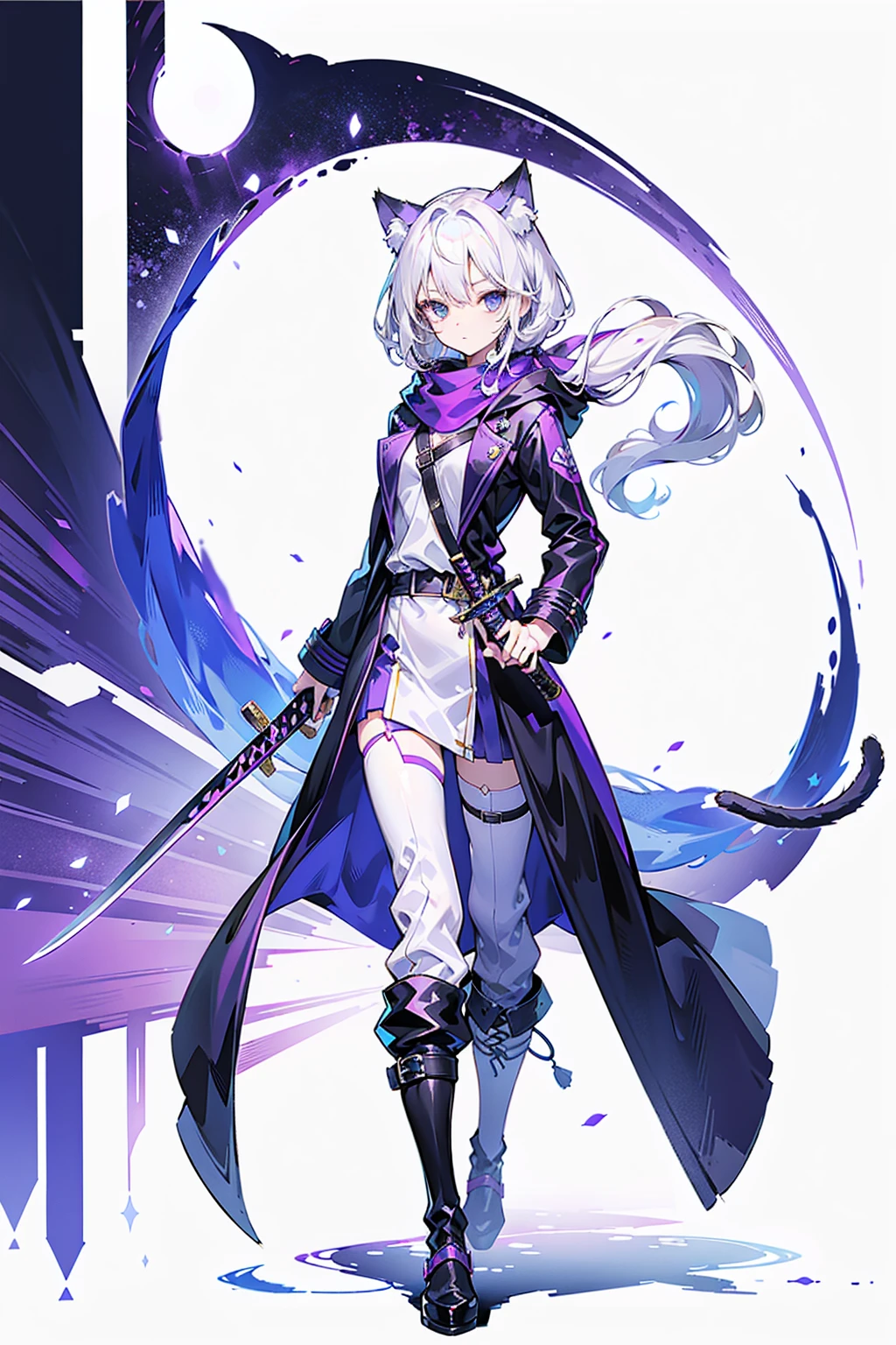 1 Girl，solo，( image)，（（（white hair））），（The flattest），Delicate face and beautiful eyes，Fine hair，A particularly long strand of side hair)，(Cat ear hood)，One eye is covered by a hood，scarf，(White background 1：：5)，standing painting style，((Full Body Love))，（Delicate eyes），Leg strap，Purple and Black Cyberpunk Jacket，trousers，katana sword，lightning background