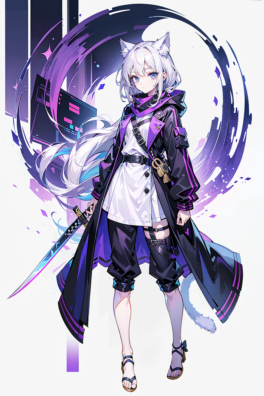 1 Girl,solo,( image),(((white hair))),(The flattest),Delicate face and beautiful eyes,Fine hair,A particularly long strand of side hair),(Cat ear hood),One eye is covered by a hood,scarf,(White background 1::5),standing painting style,((Full Body Love)),(Delicate eyes),Leg strap,Purple and Black Cyberpunk Jacket,trousers,katana sword,lightning background