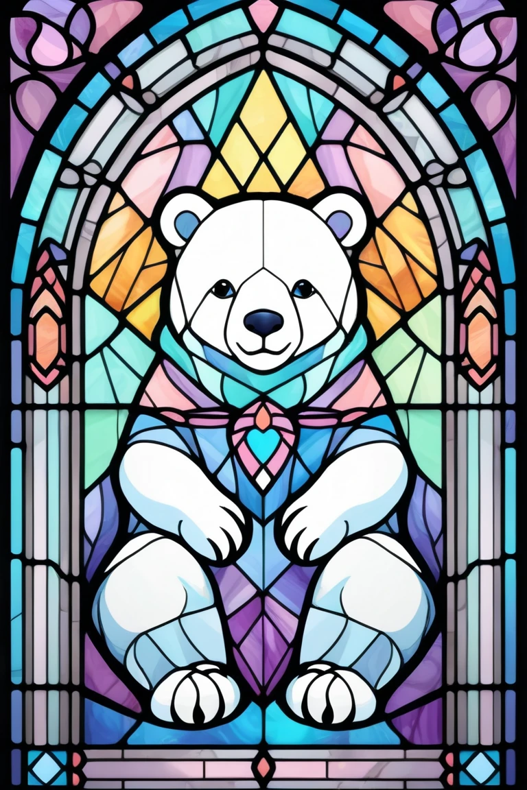 2D Stained Glass soft,pastel colors,white bear in window frame. dungeons and dragons art. symmetrical design, in the style of stained glass. Digital stained glass style. pastel color scheme