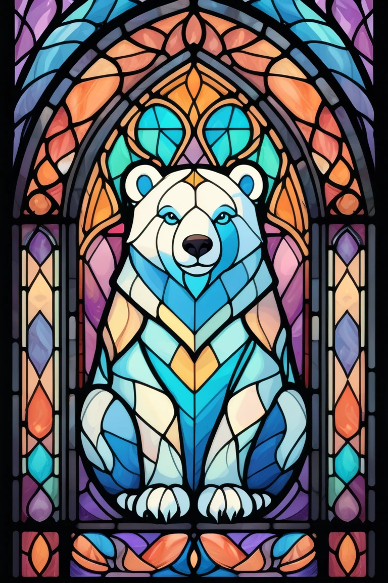 2D Stained Glass soft,pastel colors,white bear in window frame. dungeons and dragons art. symmetrical design, in the style of stained glass. Digital stained glass style. pastel color scheme