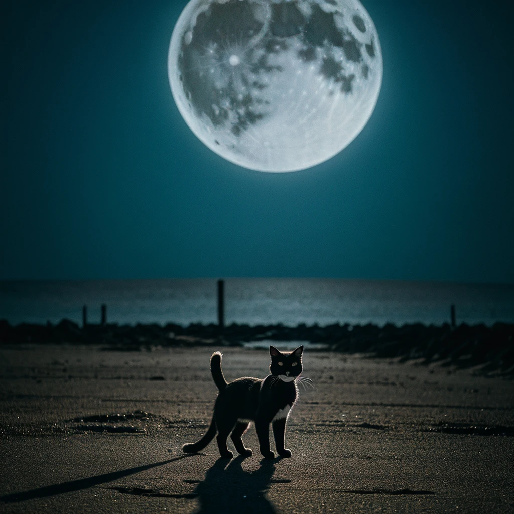 a sleek black cat, full moon, deserted beach, photorealistic, highly detailed, cinematic lighting, stunning clarity, sharp focus, 8k, professional photography, dramatic shadows, glistening fur, powerful composition