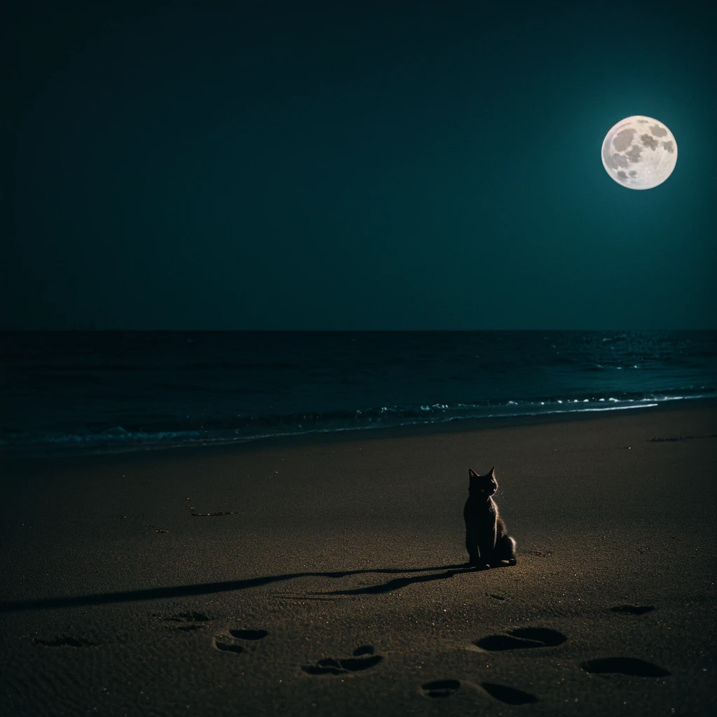 a sleek black cat, full moon, deserted beach, photorealistic, highly detailed, cinematic lighting, stunning clarity, sharp focus, 8k, professional photography, dramatic shadows, glistening fur, powerful composition