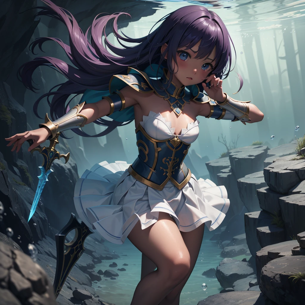 最high quality、high quality、Simple Cloth Armor、Chibi Girl Adventurer、Tiny breasts、Pitch-dark underground labyrinth、No light、skirt、Equipped with a dagger and a shield, Face above water、Body in water, Underwater photography、浮力でskirt捲れる