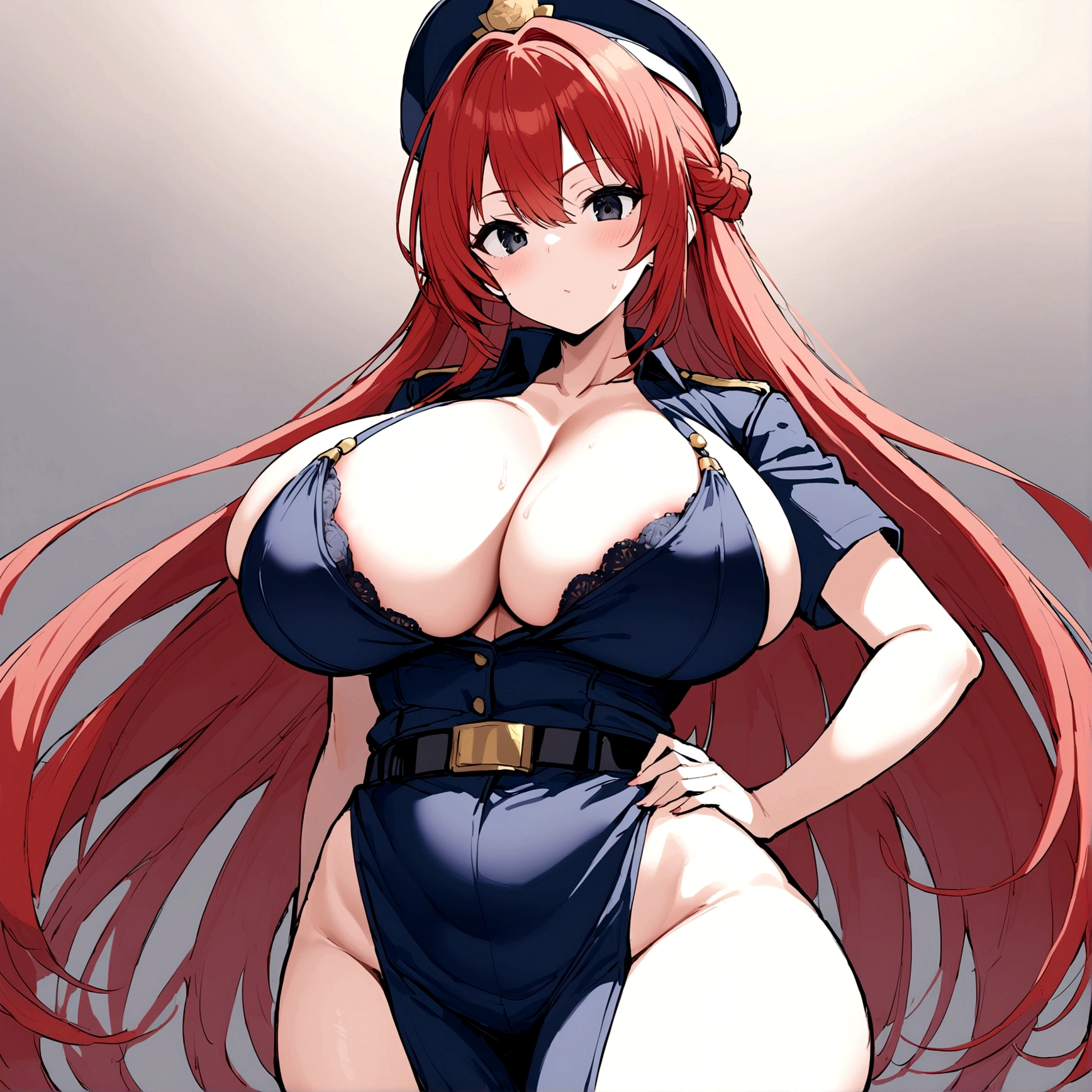 My name is Hikaru, I am a white test woman with long red hair and black eyes. I am 1.60 cm tall and weigh 46 kg. My breast sizes are 300 cm, my waist is 60 cm and my hips are 200 cm. Dressed in the sexy police  costume  . With big breasts 300 cm