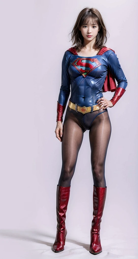 No background、(((Beautiful legs in black tights.)))、(((Legally express the beauty of your smile)))、((((Make the most of your original images)))、(((Supergirl Costume)))、(((Beautiful very short hair)))、(((suffering)))、(((Please wear black tights....、Wear red boots)))、((Best image quality、8K))、((Highest quality、8K、masterpiece:1.3))、(((Preserve background )))、Sharp focus:1.2、Beautiful woman with perfect figure:1.4、Slim Abs:1.2、Wet body:1.5、Highly detailed face and skin texture、8K