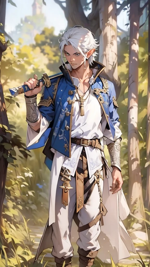 white hair , Blue jacket , white  shirt, black pants , Brown pants , holding long sword , forst , full hd , High definition, 1 naughty man , naughty man , elf ear,  elfo