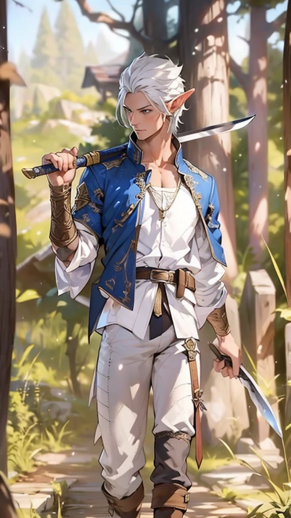 white hair , Blue jacket , white  shirt, black pants , Brown pants , holding long sword , forst , full hd , High definition, 1 naughty man , naughty man , elf ear,  elfo