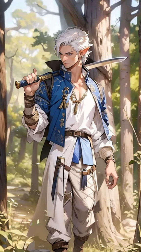 white hair , Blue jacket , white  shirt, black pants , Brown pants , holding long sword , forst , full hd , High definition, 1 naughty man , naughty man , elf ear,  elfo