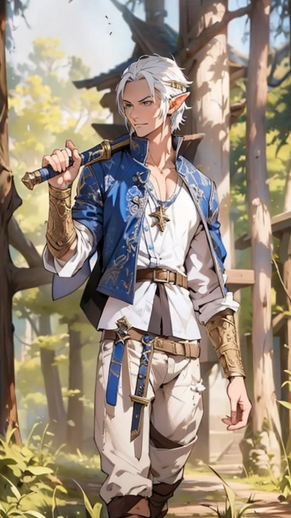 white hair , Blue jacket , white  shirt, black pants , Brown pants , holding long sword , forst , full hd , High definition, 1 naughty man , naughty man , elf ear,  elfo