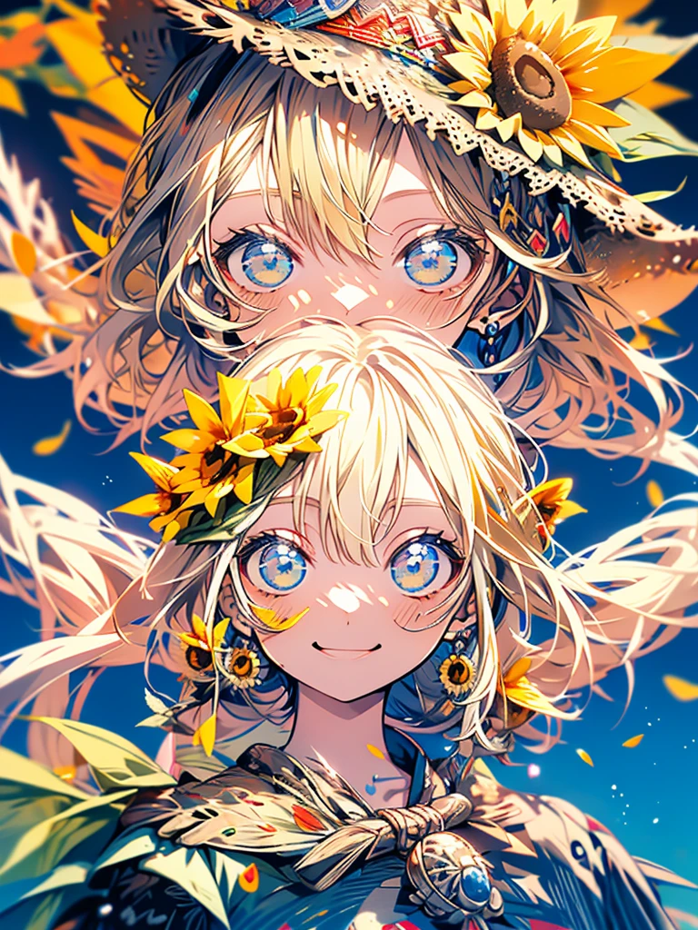 girl、1 person、ponytail、Straw hat、Blonde、smile、one piece、masterpiece、Highest quality、background、sunflower
