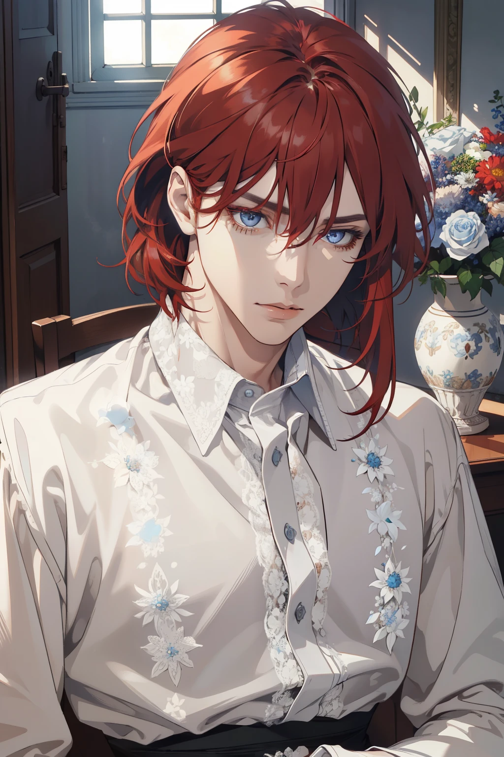 1 man, Realistic, master-piece, bestquality, Beautiful, detailed eyes and detailed faces.,natural light, European retro, White shirt, lace, Long dark grey red hair, blue grey eyes, attractive, depressed, Decorative flowers, sunbeam, 31 years.