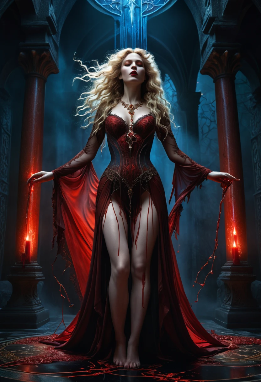 best quality,4k,8k,highres,masterpiece:1.2,ultra-detailed,realistic:1.37,HDR,UHD,studio lighting,ultra-fine painting,sharp focus,physically-based rendering,extreme detail description,professional, tarot card style, dark fantasy, dramatic lighting, full body shot, from the back, facing away, wide angle, back view,dynamic angle,dynamic pose, deep shadows, a vampiric goddess, extremely detailed skin, perfect blonde wavy hair, (A vampire goddess, she is using her supernatural powers to psychically manipulate blood, making the blood float around her), hemokinesis, (there are lots of blood strings floating around the environment), she is wearing a very intricate biological exoskeleton, (the goddess's lower body is vanishing, becoming black mist), the scene unfolds in a dungeon dimly illuminated by a red glow, red energy lines, fractalized, pale blue and olive hues, mystical energy, moody atmosphere, cinematic composition, Yoshitaka Amano style,greg rutkowski,cyborg style