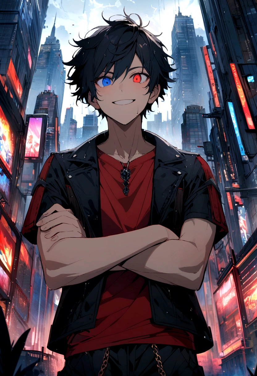  boy, crossed arms, big spiky black hair with blue highlights, long bangs at the back of the hair a little below the nape of the neck, dark blue and brown heterochromatic eye, smile of excitement, dark red short-sleeved shirt with wing details, Loose black jacket positioned on the back and large with light blue details, black pants with yellow details, red sneakers with blue details, lot of details, scenery of a city with skyscrapers in a rainy sky full of lightning around