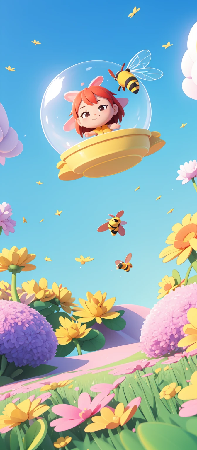 there is a bee flying over a field of flowers with a bee, a 3D render by jeonseok lee, trending on polycount, conceptual art, cute 3 d render, soft 3d render, cute! c4d, stylized as a 3d render, stylized 3d render, adorable digital painting, cute detailed digital art, 3 d bee (photo realistic:1.4), surrealism, dream-like, ((abstract art)), vector arts,) (8k, RAW photo, best quality, masterpiece:1.2, Sharp image, vector)  (bloom:1.1), glow:0.2, UHD (8k, RAW photo, best quality, masterpiece:1.2)