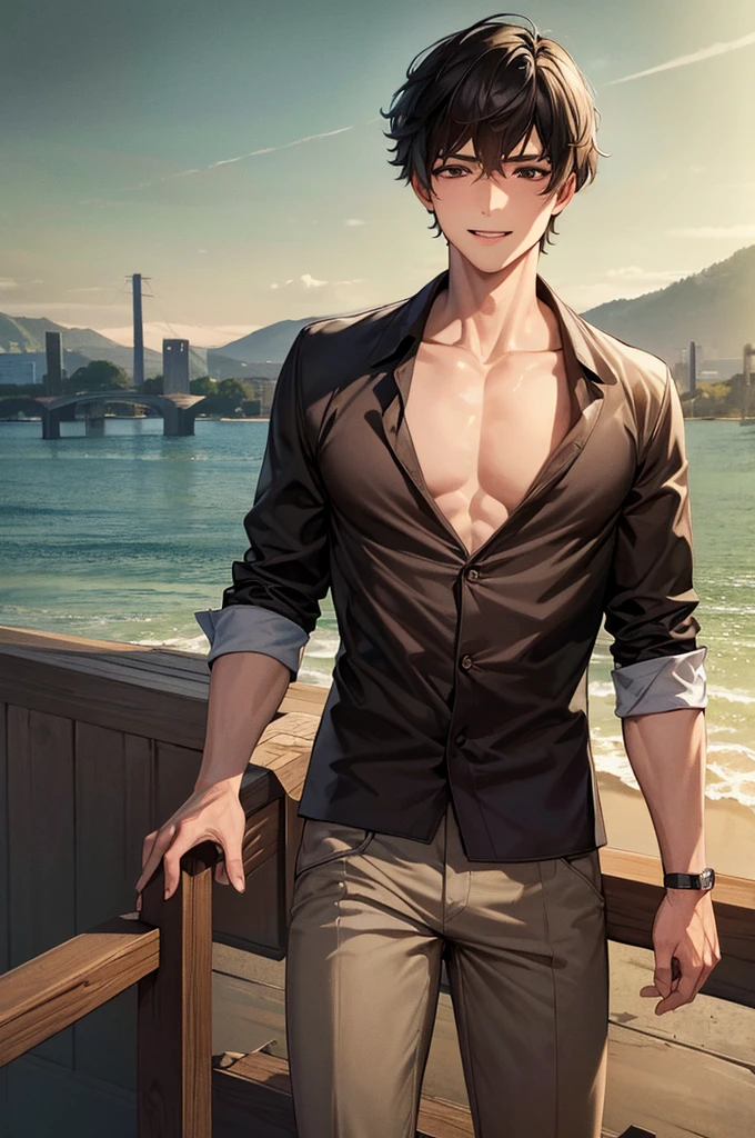 masterpiece, best quality, masterpiece, best quality, masterpiece, best quality, masterpiece, best quality, high quality,high detail, ultra detail, Uhd, 4k,4280x2240, depth field, (hdr:1.9), correct anatomy, a boy masculine with short hair black hair abundant brown eyes with complete spring outfit smile