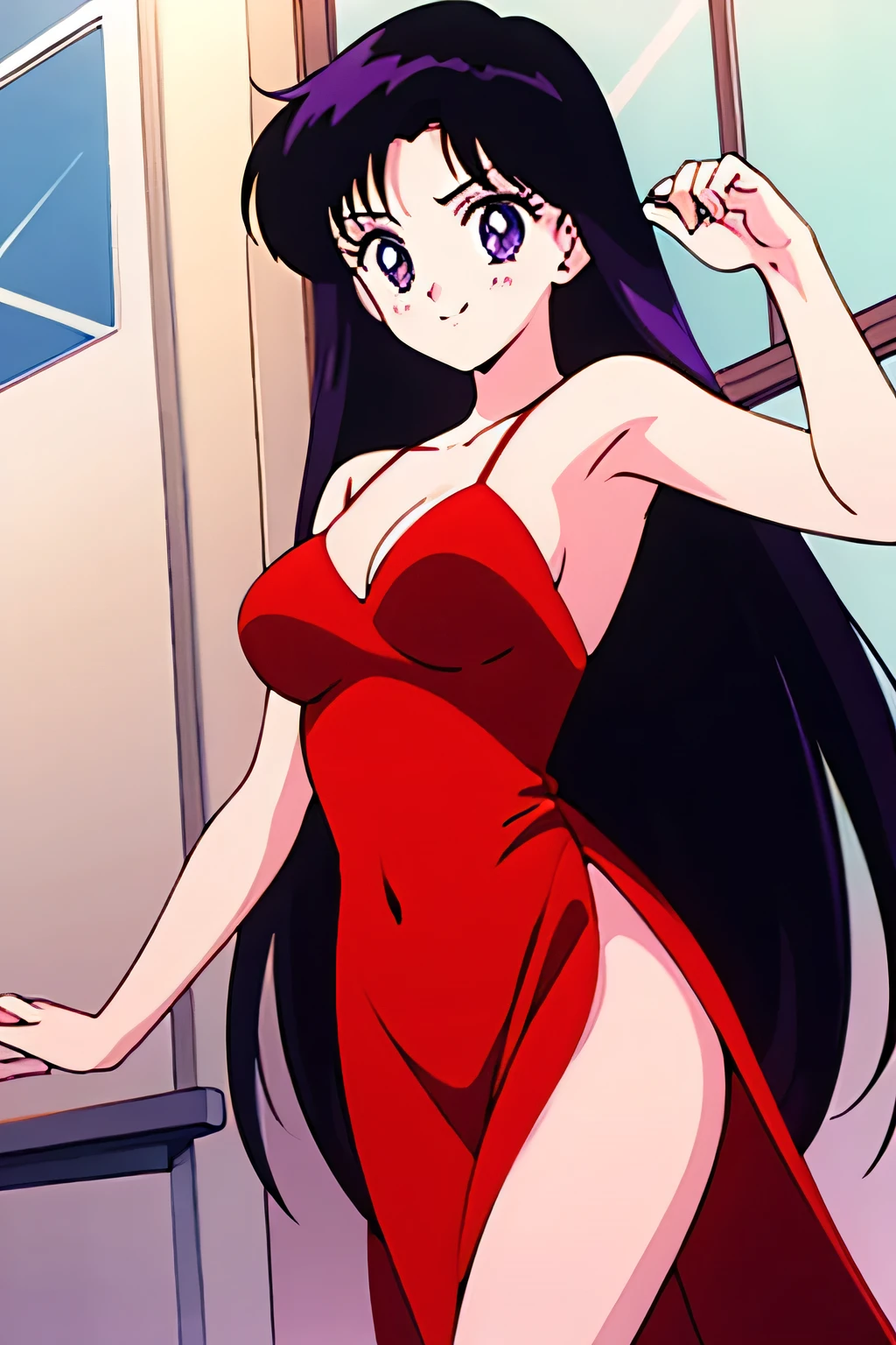 1 girl, solo, Rei Hino, very long hair, black hair, parted bangs, purple eyes, 1990s \(style\), Best quality, masterpiece, High Definition, red dress, taut dress, spaghetti strap red dress, sleeveless, dancing in the dance classroom at night, candle lights on the windowsill, cowboy shot, medium breast, smile,