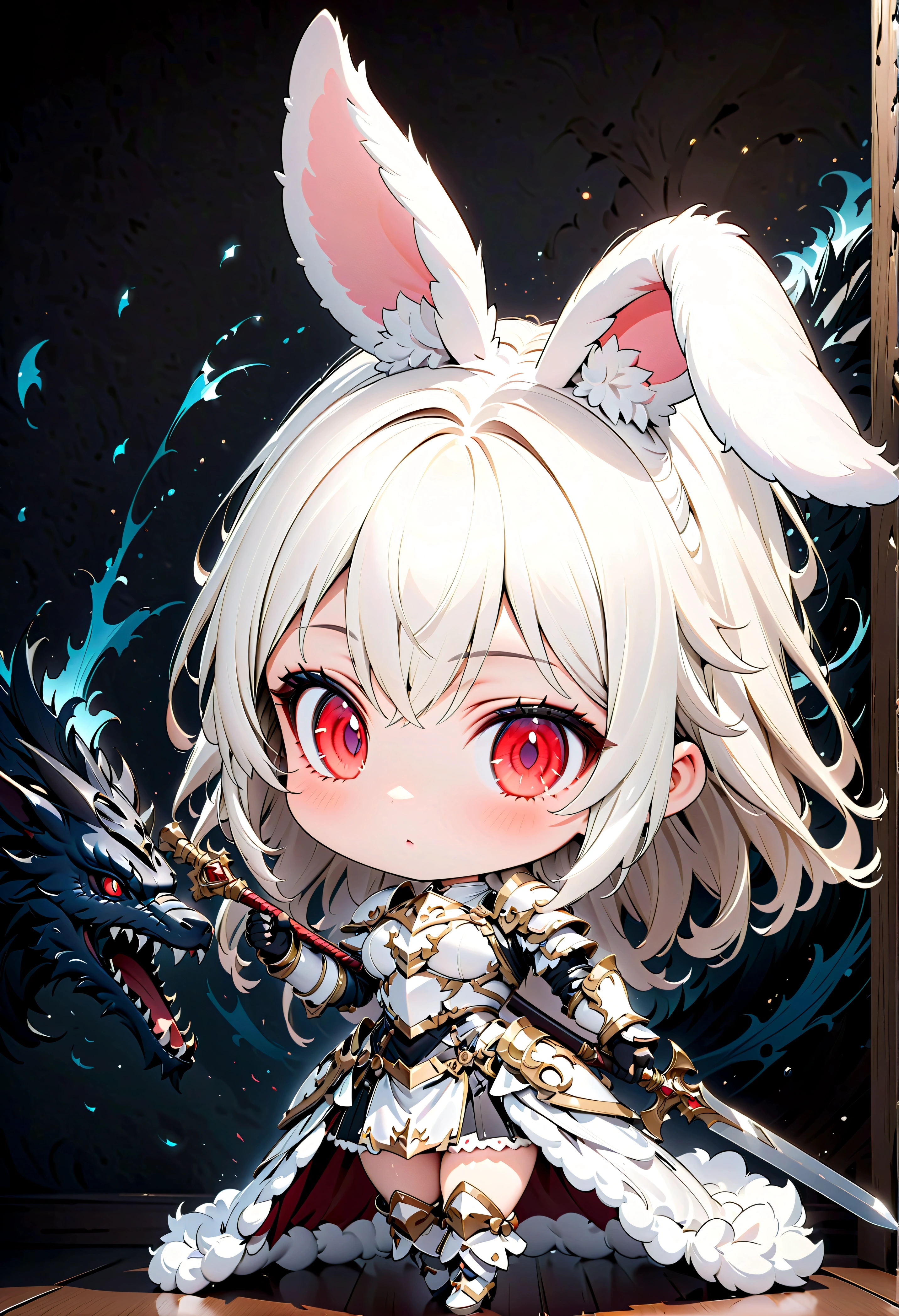 (3D,3D Art),#quality(8k,wallpaper of extremely detailed CG unit, ​masterpiece,hight resolution,top-quality,top-quality real texture skin,hyper realisitic,increase the resolution,RAW photos,best qualtiy,highly detailed,the wallpaper), BREAK ,solo,#1girl(human,chibi:2.0,cute,kawaii,small kid,hair white and long,(white fluffy rabbit ear:1.5),beautiful big red eyes,skin color white,big hairbow,wearing white armor,knight,short skirt,breast,holding sword),#background(fantasy,black dragon,monsters),(chibi:1.5),anime style,oil painting