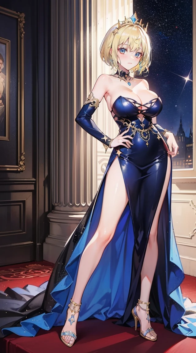 beautiful woman，(has short blonde hair)，nobility，(princess)，blue student，Tall figure，((Strapless dress))，low skirt，(Star evening dress)，Show your legs，Crystal heels，red carpet，prom website，(nobility)，(big tits),(Various poses),(Evening dresses in various colors)