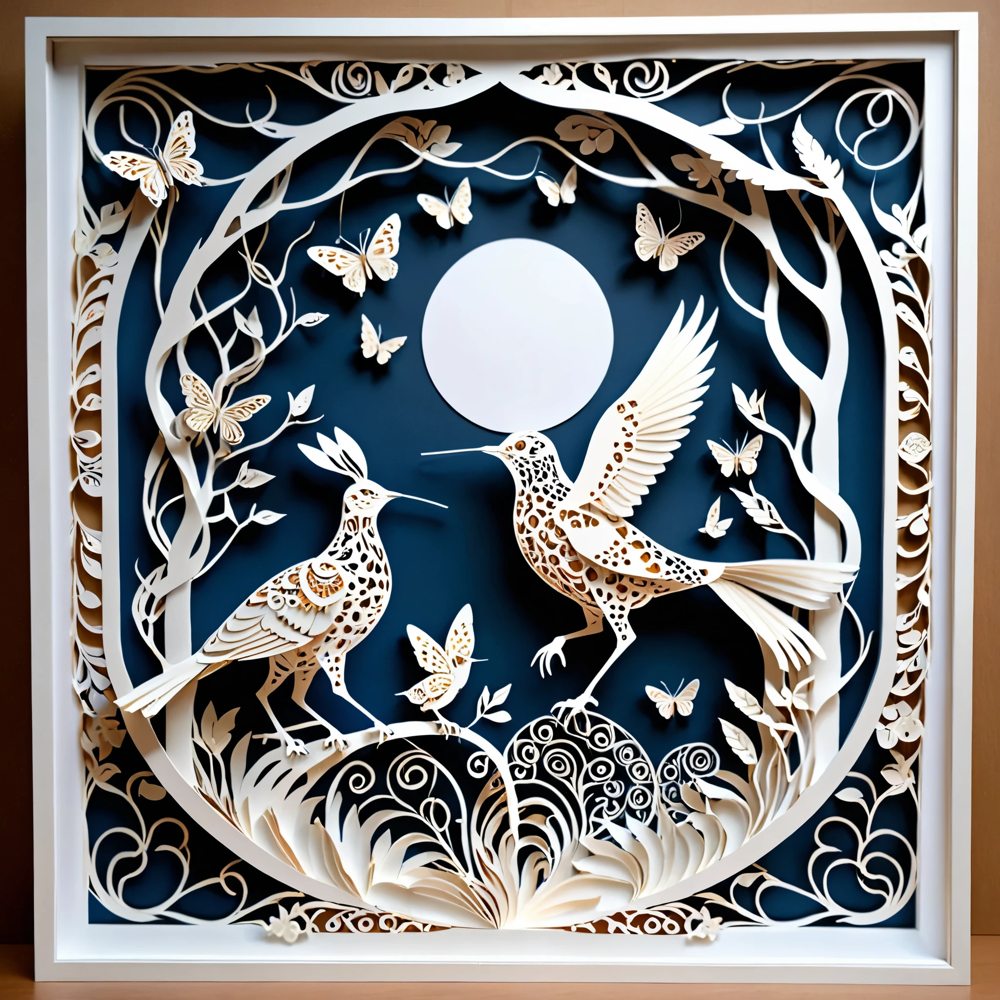 Create a detailed paper cutout artwork depicting a scene that combines intricate patterns with various creatures. The scene should include a harmonious blend of elaborate, decorative patterns interwoven with animals such as birds, fish, butterflies, and other creatures. The patterns should complement the forms and movements of the animals, creating a seamless integration between the natural and the abstract. The artwork should evoke a sense of wonder and intricacy, highlighting the beauty and complexity of both the patterns and the creatures. The overall mood should be artistic and enchanting, capturing the elegance of nature through detailed design