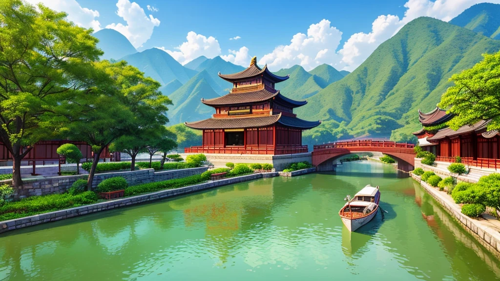 Chinese buildings,A river,There is a sailboat, high quality,lifelike, Art, 8K, looking down,Bird's Eye View Concept Art!!,Lots of roof tiles,Old village isometric perspective view,forest park in the distance,Sunlight