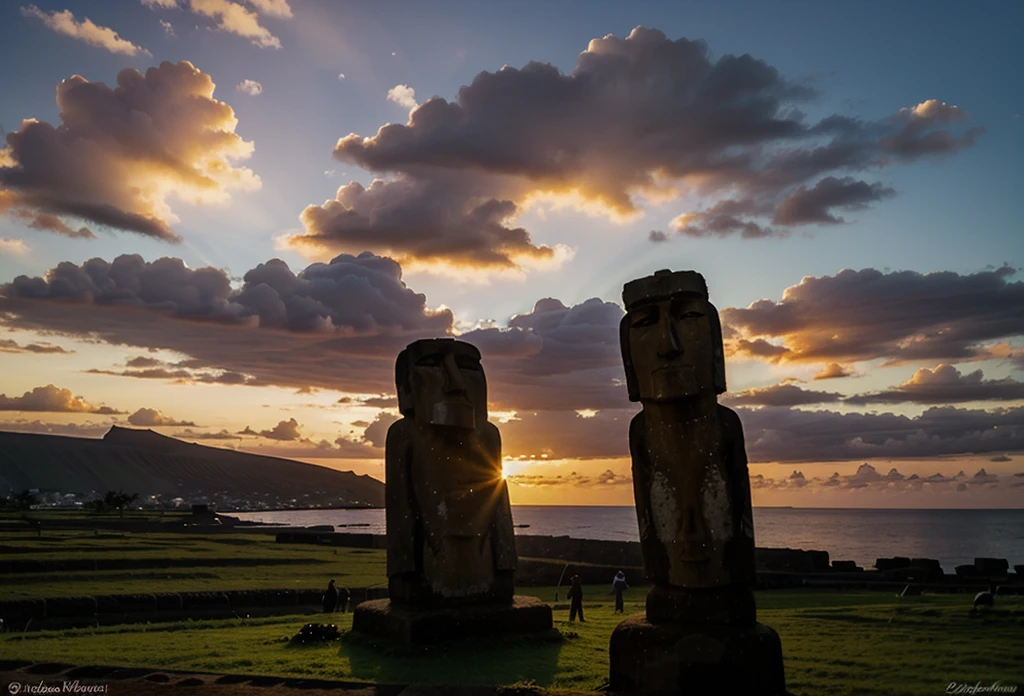august macke style watercolor painting RapaNui at Easter island under sunset