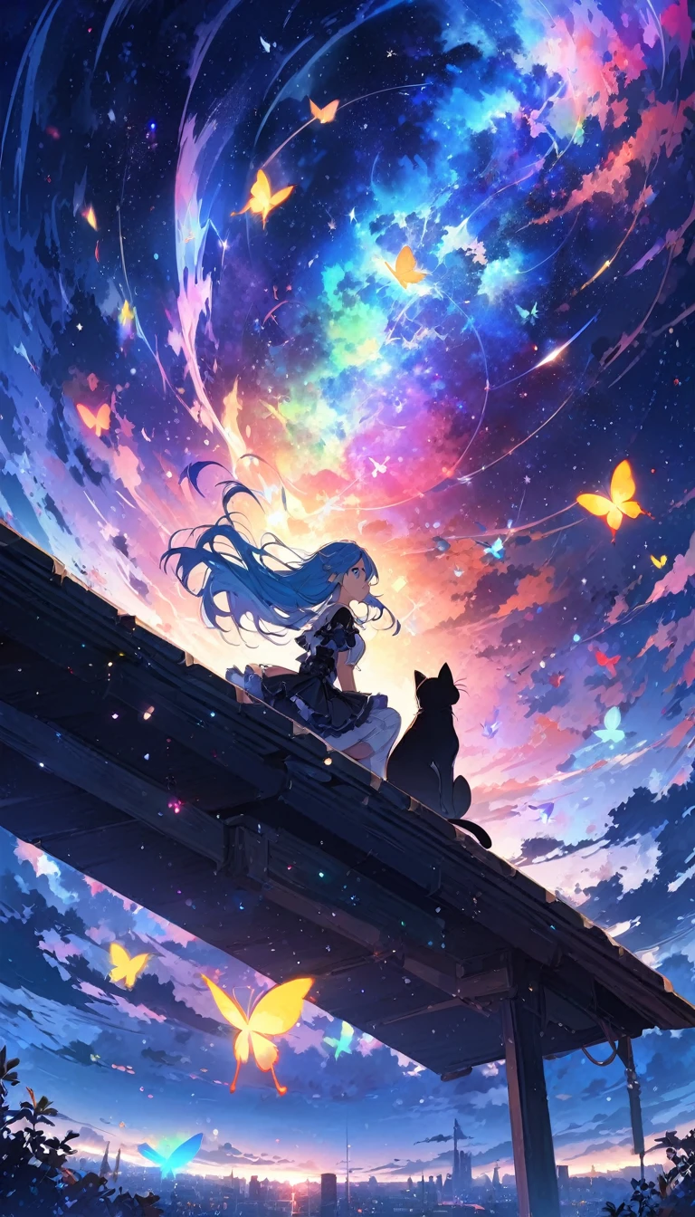 Anime inspired by Makoto Shinkai, Space art, (sideways (Black Cat) Sitting on the roof and looking up at the sky), mystery, excellent, meteor雨, Complex lighting, flashing city lights,((masterpiece:1.4)), (best quality), (Extremely detailed), Anime style, 1 Girl, Blue Hair, Long hair, (Gothic Lolita), Note, meteor, space, galaxy, aurora, Seven colors of light, (blue Rose:1.2), Butterfly, constellation, Girl riding on the crescent moon, nebula, blue Rose petals, Multicolored Glass, entire field of Multicolored Glass