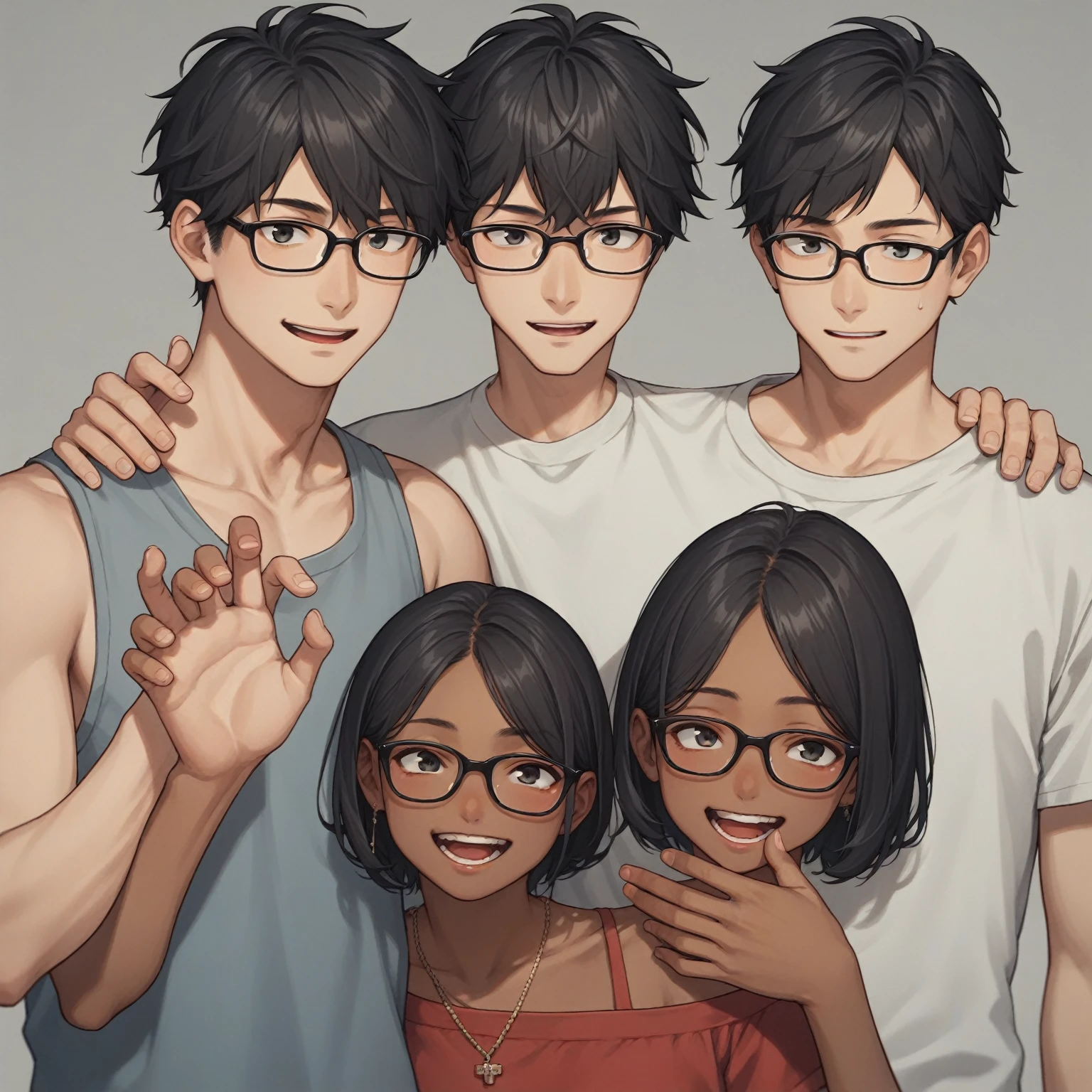 score_9, score_8_up, score_7_up, score_6_up, score_5_up, score_4_up, BREAK source_anime, 1girl white, clothed, Red chanel hair above the shoulder, glasses, friends pose, 1boy black, Boy with dark skin, black hair, Silly face,wearing casual clothes,