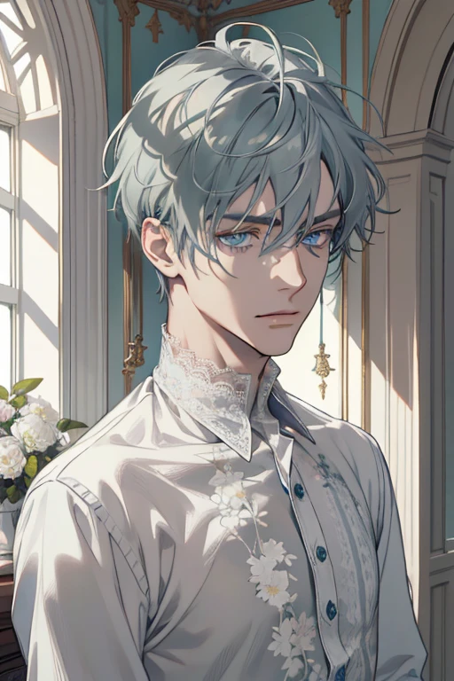 1 man, Realistic, master-piece, bestquality, Beautiful, detailed eyes and detailed faces.,natural light, European retro, White shirt, lace, Long dark grey green hair, blue grey eyes, attractive, depressed, Decorative flowers, sunbeam, 31 years.
