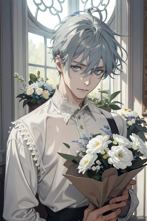 1 man, Realistic, master-piece, bestquality, Beautiful, detailed eyes and detailed faces.,natural light, European retro, White shirt, lace, Long dark grey green hair, blue grey eyes, attractive, depressed, Decorative flowers, sunbeam, 31 years.