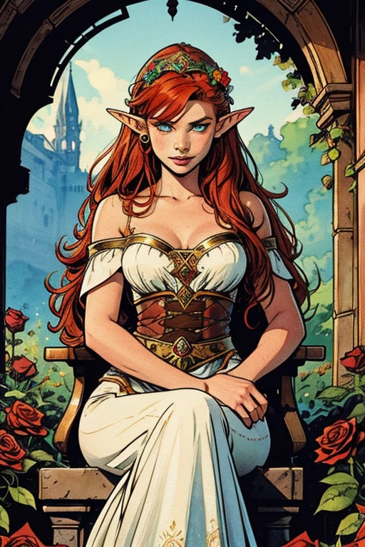 (water colour: 1.2), elf princess, flowers, freckles, bangss, redheadwear, long hair, greeneyes, hair between eyes sitting on a throne studded with roses,comfortable looking at the viewer, flowers brincos, nblurry background, high resolution