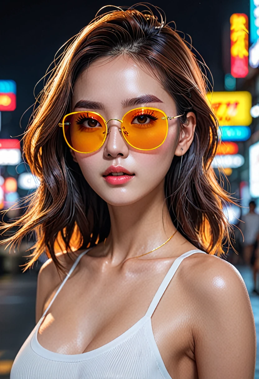 ((Best quality, 8k, Masterpiece :1.3)), 1girl, Pretty woman with emphasizing slender abs :1.3, (random hairstyles :1.2),  Ultra-detailed face, Detailed eyes, Double eyelid, neon lighted sunglass