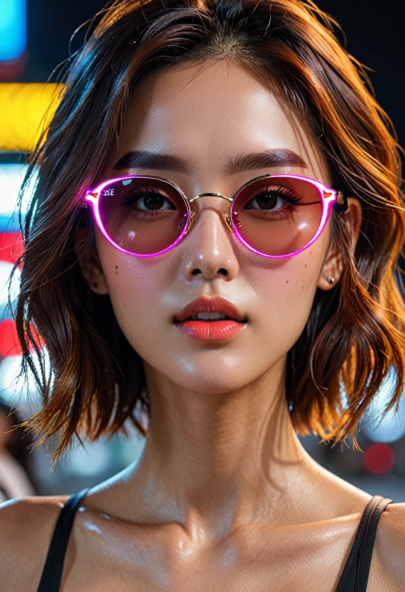 ((Best quality, 8k, Masterpiece :1.3)), 1girl, Pretty woman with emphasizing slender abs :1.3, (random hairstyles :1.2),  Ultra-detailed face, Detailed eyes, Double eyelid, neon lighted sunglass