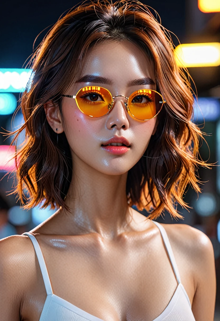 ((Best quality, 8k, Masterpiece :1.3)), 1girl, Pretty woman with emphasizing slender abs :1.3, (random hairstyles :1.2), Ultra-detailed face, Detailed eyes, Double eyelid, neon lighted sunglass