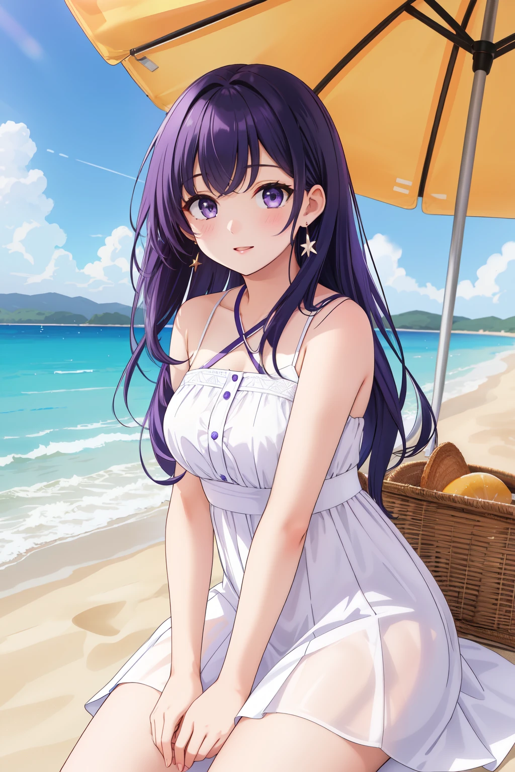 1 Girl,high resolution, high quality, masterpiece, mxmk white dress, Bare shoulders, Purple Eyes, White Dress, Weaving, Shock, beach