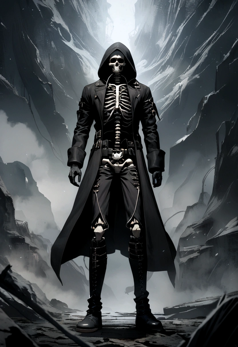 a human skeleton man with a black overcoat with hood and some belts, wearing a silver pentagram necklace, wearing black gloves, black leather boots with belts.