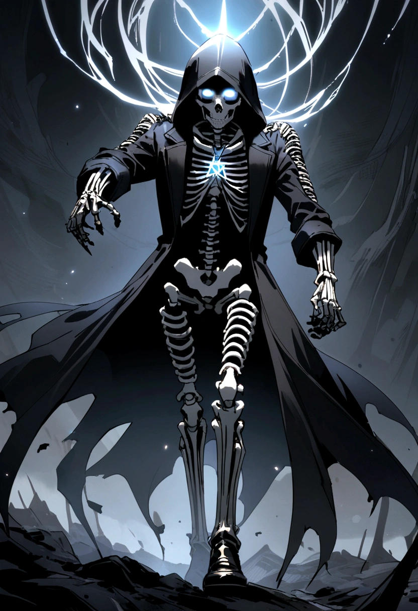 a human skeleton man with a black overcoat with hood and some belts, wearing a silver pentagram necklace, wearing black gloves, black leather boots with belts.
